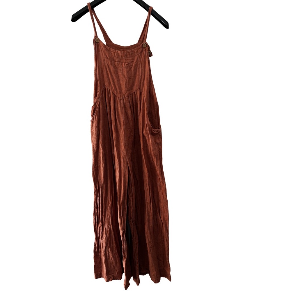 Natural Life Cotton Lagenlook Wide Leg Jumpsuit Small Boho Rust Overalls Pockets - Picture 5 of 10
